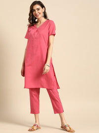 Thumbnail for Sangria V-Neck Lace Detail Kurta with Trousers - Distacart