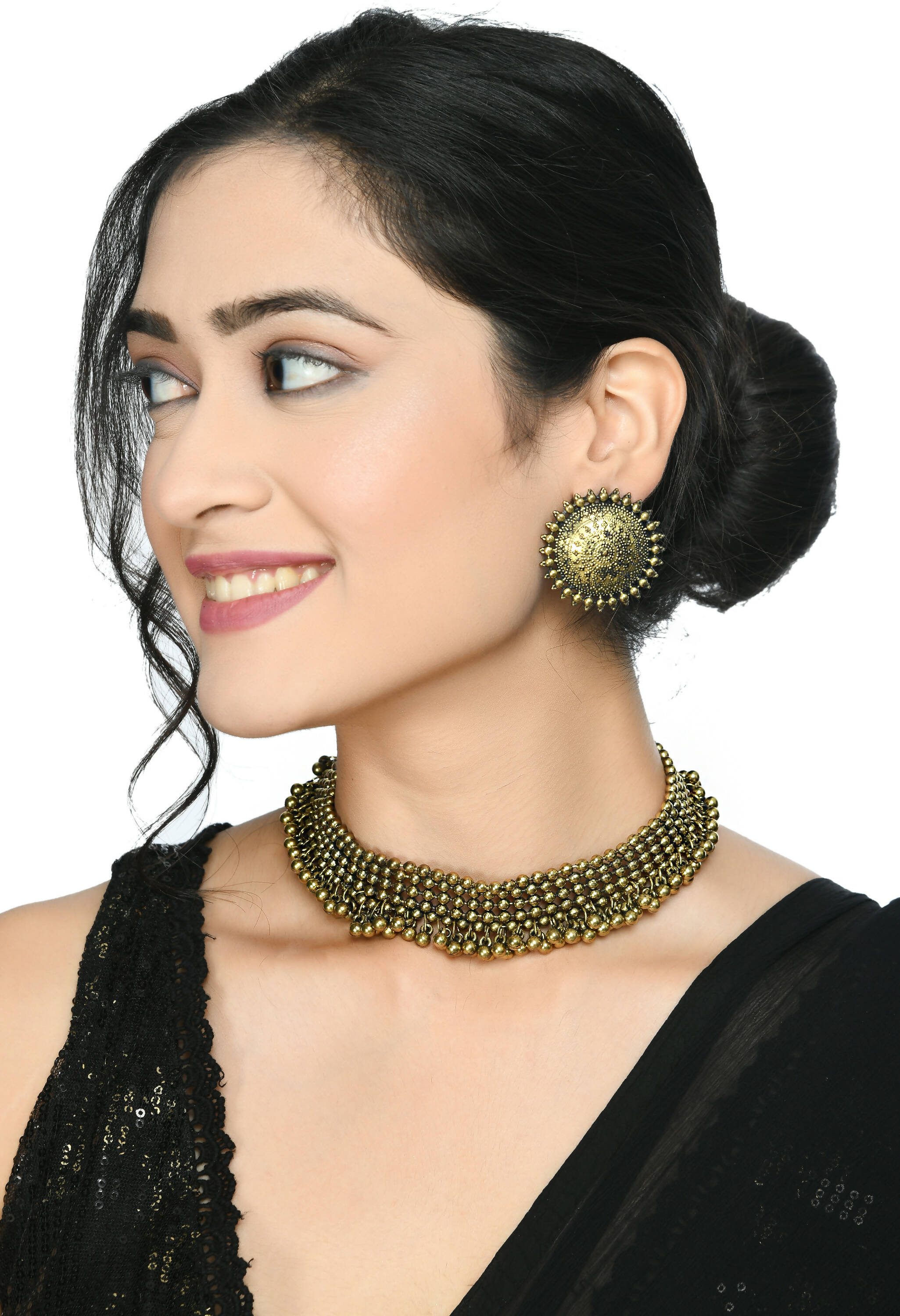 Mominos Fashion Johar Kamal Oxidised Gold-Plated Brass Finish Ghungroo Design Choker Set - Distacart