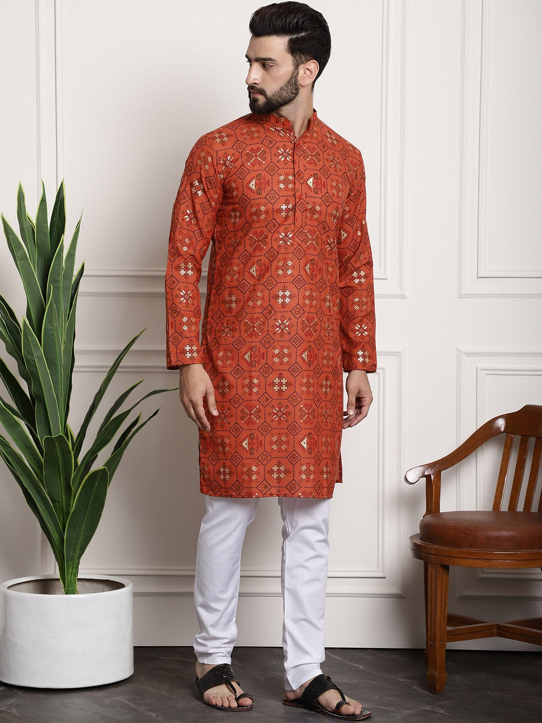 Sojanya Men Orange Printed Cotton Linen Kurta with Churidar - Distacart