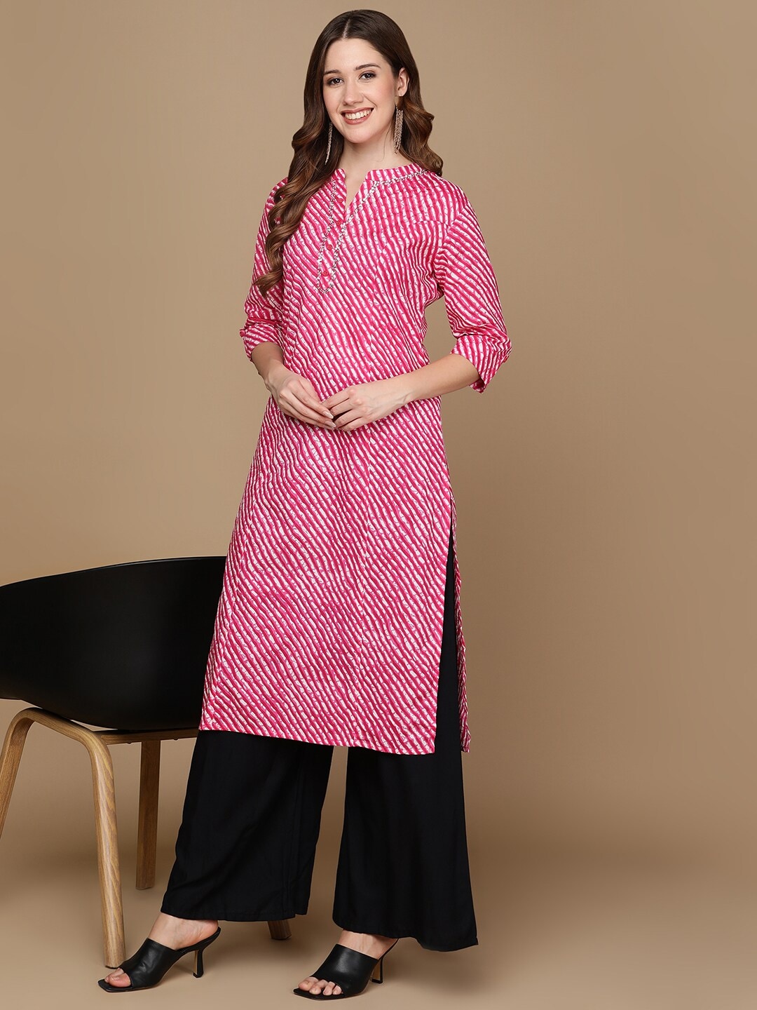 HERE&NOW Pink & White Striped Sequined Straight Cotton Kurta - Distacart