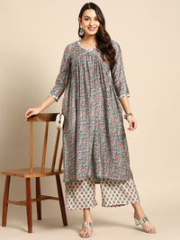 Thumbnail for Sangria Women Grey Floral Printed Empire Kurta with Trousers - Distacart