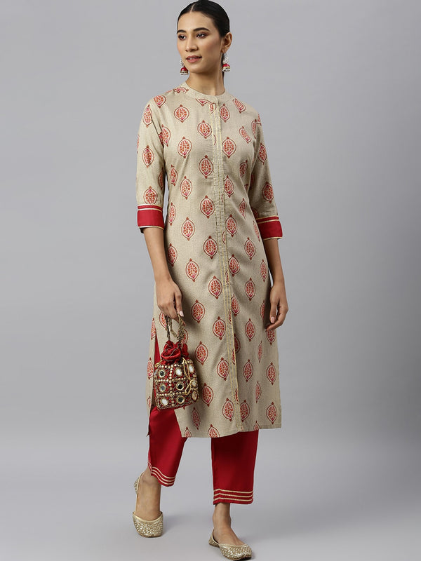 Khushal K Women Cream-Coloured Ethnic Motifs Printed Regular Gotta Patti Kurta with Palazzos - Distacart