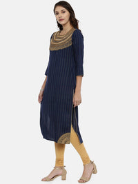 Thumbnail for Souchii Navy Blue & Gold-Toned Striped A-Line Kurta - Distacart