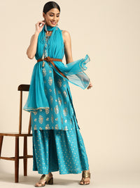 Thumbnail for Sangria Women Blue & Golden Ethnic Motifs Printed Kurta with Sharara & Dupatta - Distacart