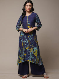 Thumbnail for Biba Floral Printed Thread Work Beads Detail A-Line Asymmetric Kurta - Distacart