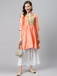 Thumbnail for Biba Women Peach-Coloured & Green Yoke Design A-Line Kurta With Sheen Effect - Distacart