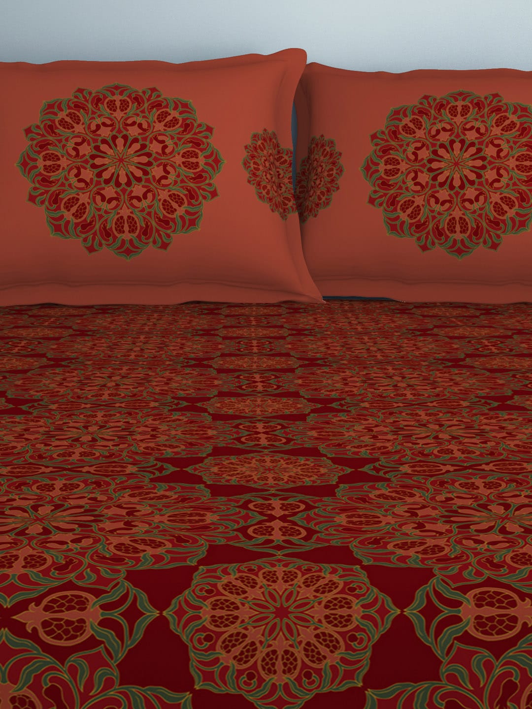 SPACES Aurum Red Ethnic Motifs Pure Cotton 140 TC Queen Bedsheet with 2 Pillow Covers - Distacart