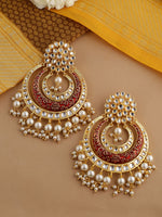 Thumbnail for Shoshaa Red & Off-White Kundan Studded & Beaded Crescent Shaped Chandbalis - Distacart