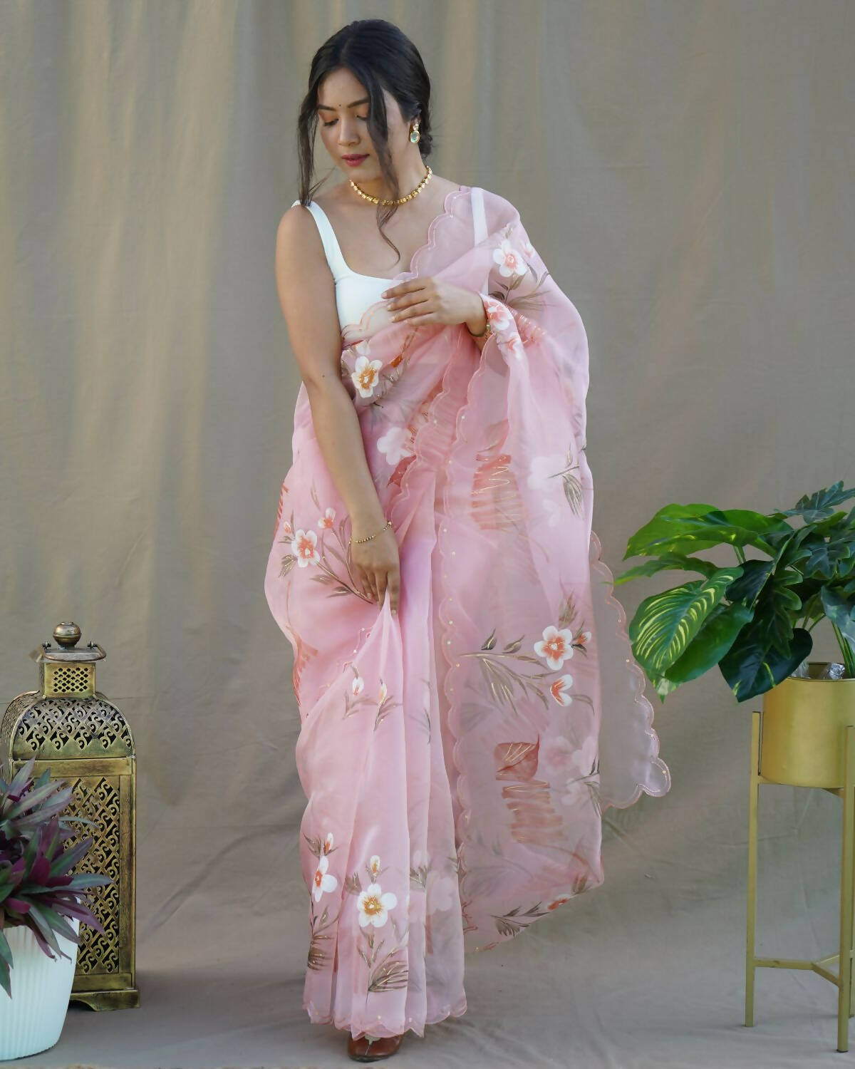 Vamsee Peach Organza Saree - Distacart