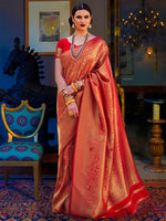 Thumbnail for Mitera Red & Gold-Toned Zari Silk Blend Kanjeevaram Saree - Distacart