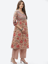 Thumbnail for Biba Women Plus Size Beige Floral Printed A-line Kurta with Palazzos - Distacart