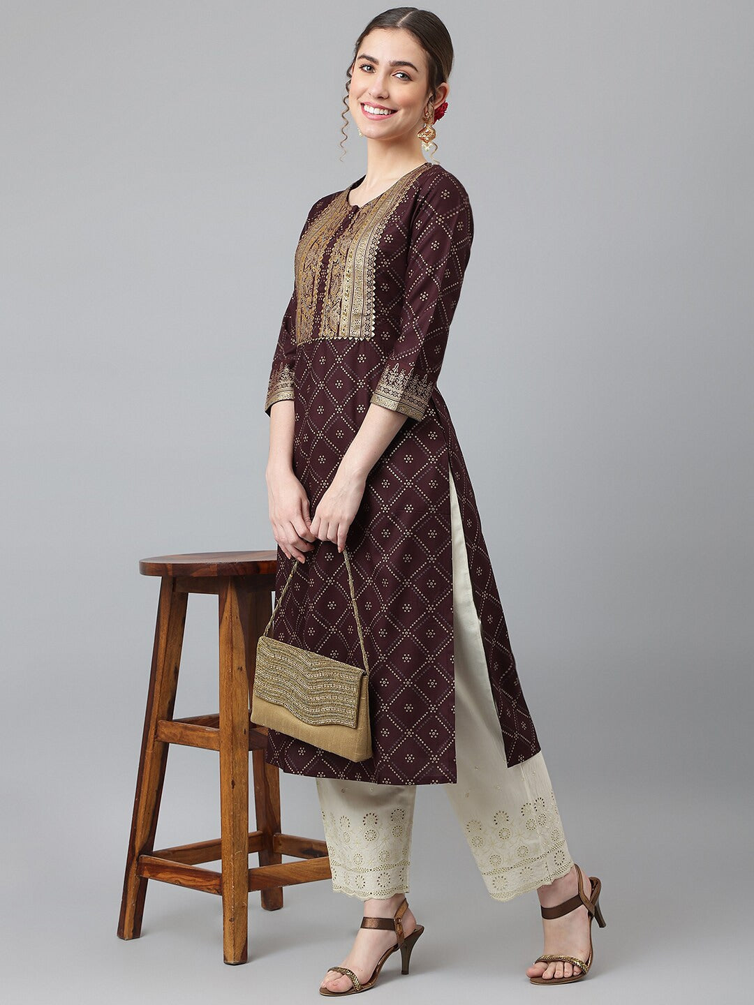 Khushal K Women Brown & Gold-Toned Ethnic Motifs Printed Straight Kurta - Distacart
