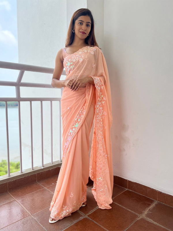 Mitera Peach-Coloured Sequinned Embellished Saree - Distacart
