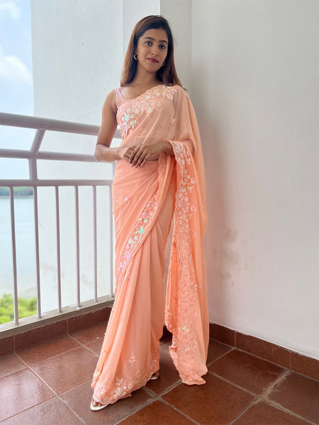 Mitera Peach-Coloured Sequinned Embellished Saree - Distacart
