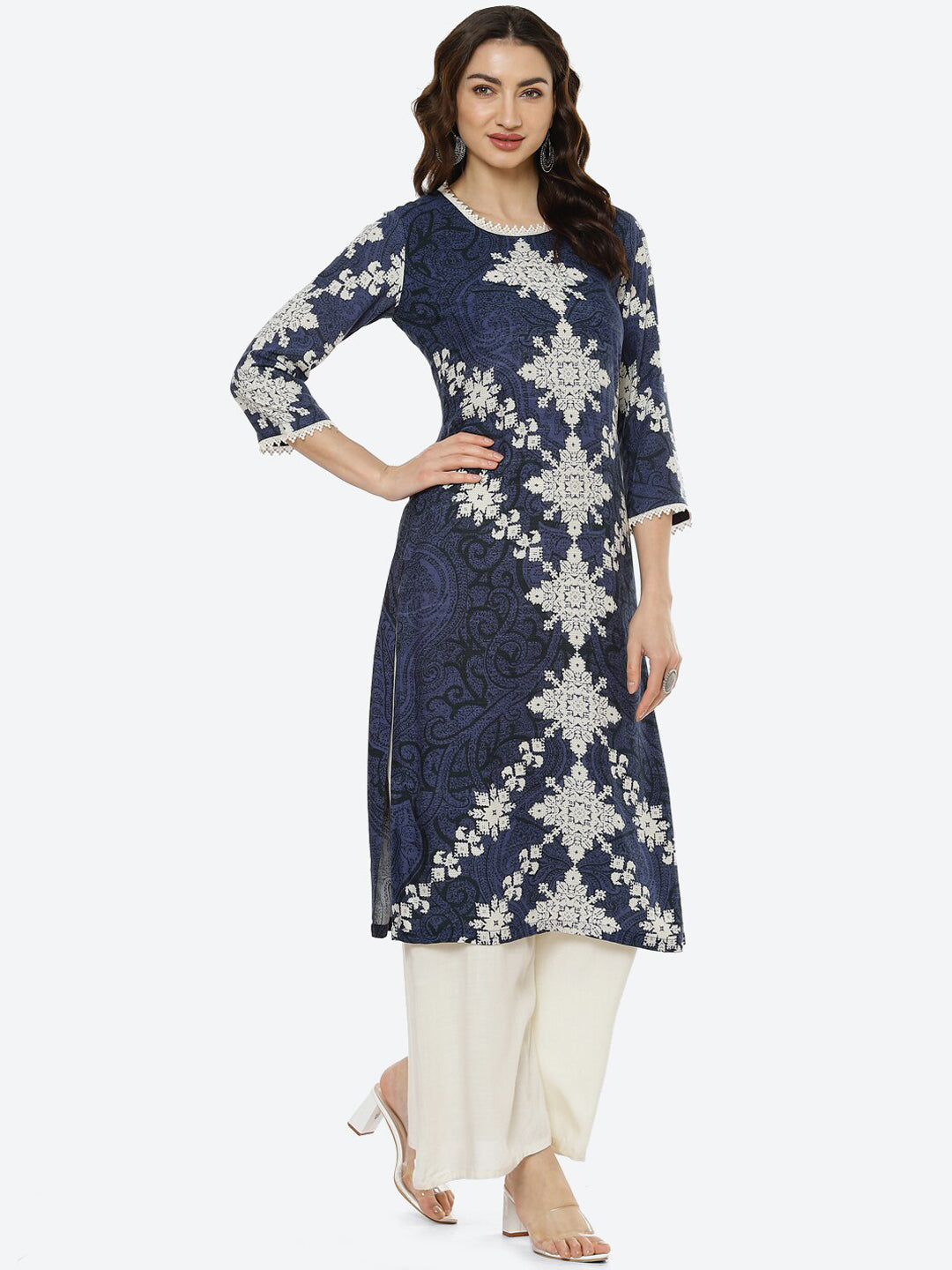 Biba Women Navy Blue & White Ethnic Motifs Printed Kurta - Distacart