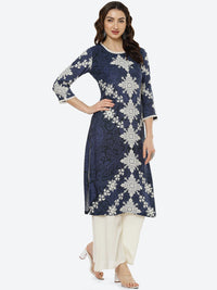 Thumbnail for Biba Women Navy Blue & White Ethnic Motifs Printed Kurta - Distacart