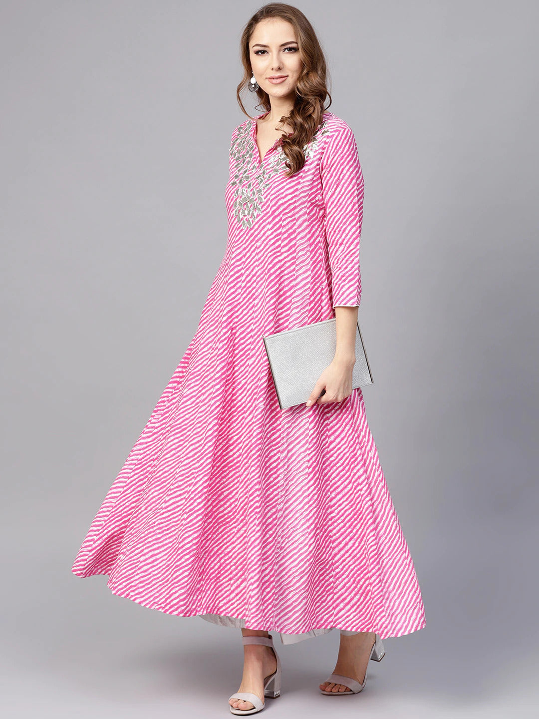 Yufta Women Pink & White Lehariya Print Anarkali Kurta - Distacart