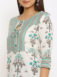 Thumbnail for HERE&NOW Off-White & Grey Floral Printed Cotton Flax A-Line Kurta - Distacart