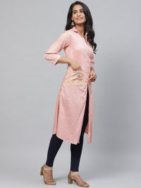 Thumbnail for Biba Women Peach-Coloured & Mustard Yellow Mirror Work Printed A-Line Kurta - Distacart