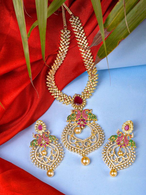 Saraf RS Jewellery Gold-Plated Green & Pink American Diamond Studded & Beaded Handcrafted Jewellery Set - Distacart
