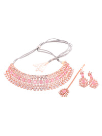 Thumbnail for Saraf RS Jewellery Rose Gold-Plated & Pink AD Studded Handcrafted Jewellery Set - Distacart