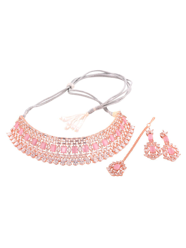 Saraf RS Jewellery Rose Gold-Plated & Pink AD Studded Handcrafted Jewellery Set - Distacart