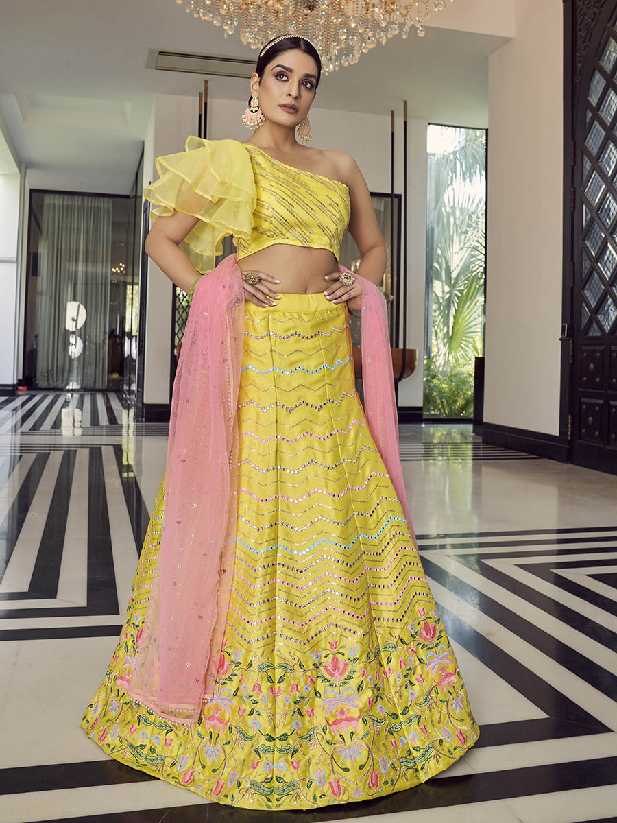 Myra Yellow Art Silk Mirror Work Designer Lehenga - Distacart