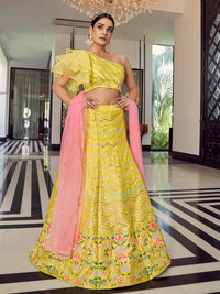 Thumbnail for Myra Yellow Art Silk Mirror Work Designer Lehenga - Distacart