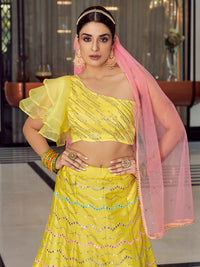 Thumbnail for Myra Yellow Art Silk Mirror Work Designer Lehenga - Distacart