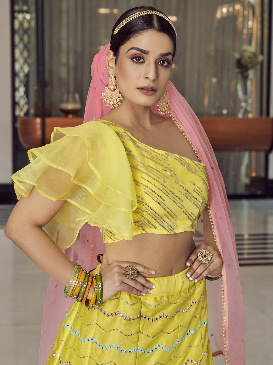 Myra Yellow Art Silk Mirror Work Designer Lehenga - Distacart