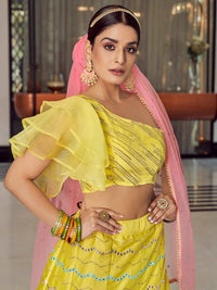 Thumbnail for Myra Yellow Art Silk Mirror Work Designer Lehenga - Distacart
