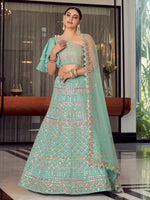 Thumbnail for Myra Turquoise Organza Floral Print Embroidered Designer Lehenga - Distacart