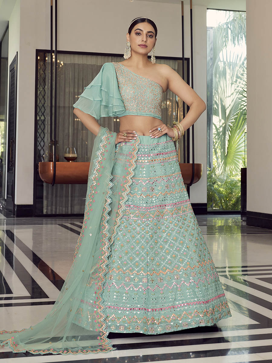 Myra Turquoise Organza Floral Print Embroidered Designer Lehenga - Distacart