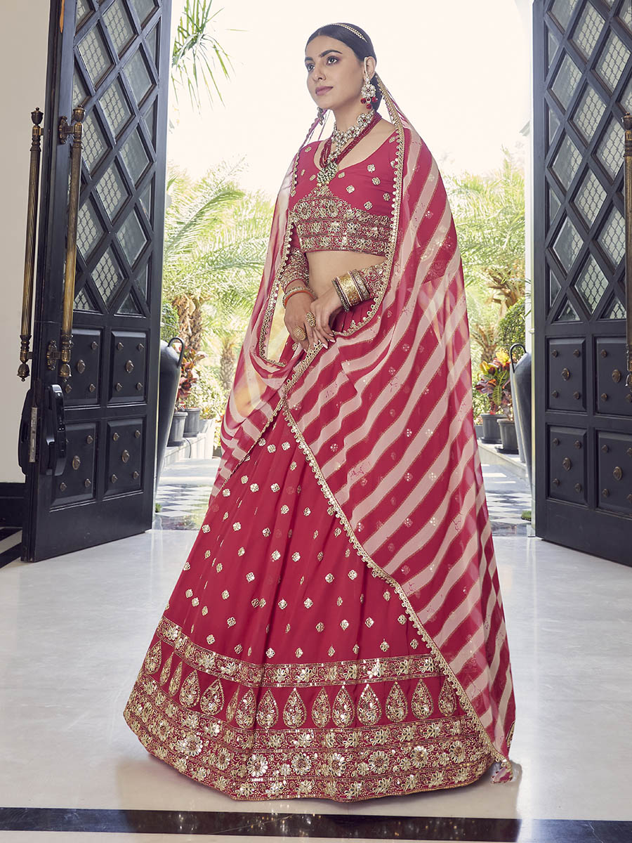 Myra Coral Red Georgette Embroidered Designer Lehenga - Distacart