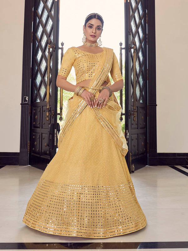 Myra Yellow Georgette Embroidered Designer Lehenga - Distacart