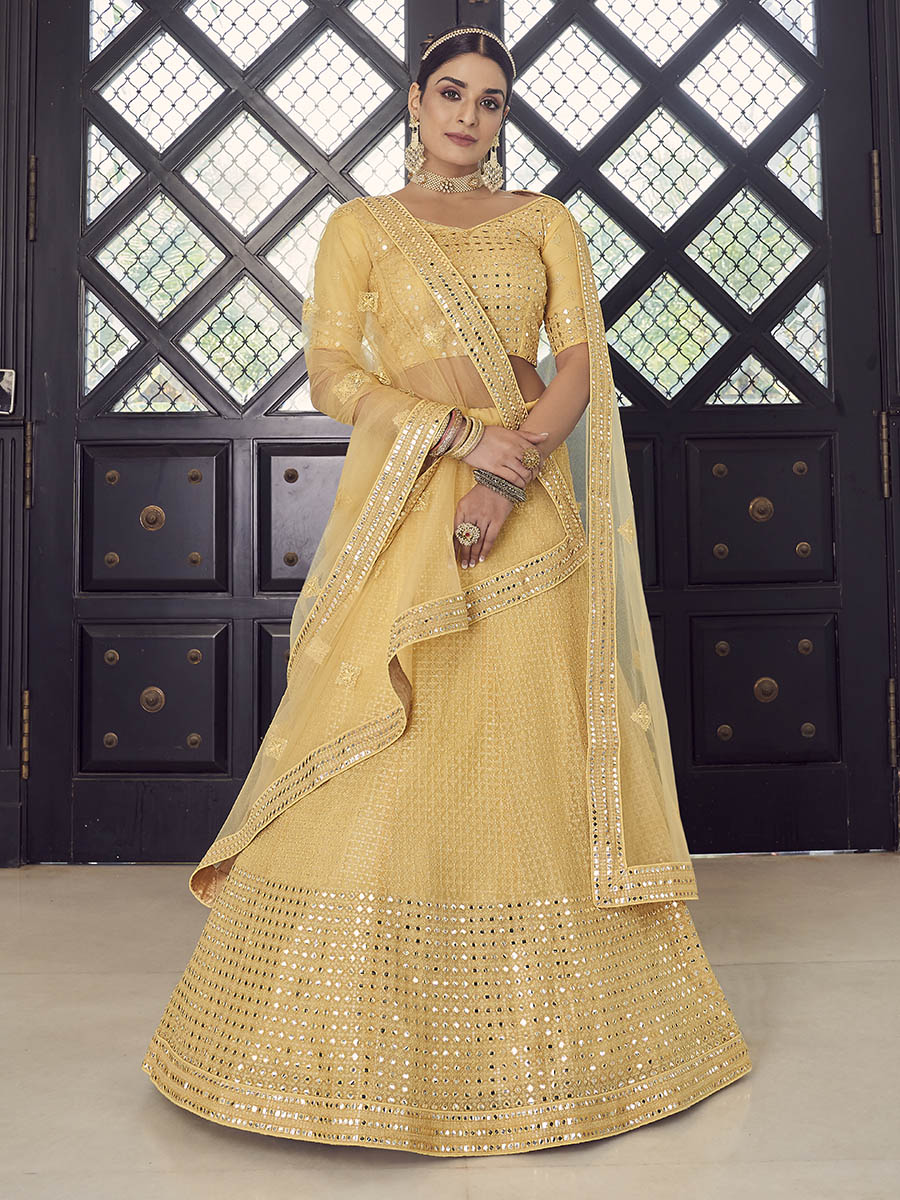 Myra Yellow Georgette Embroidered Designer Lehenga - Distacart