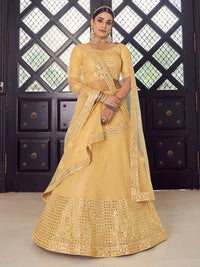 Thumbnail for Myra Yellow Georgette Embroidered Designer Lehenga - Distacart