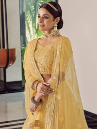 Thumbnail for Myra Yellow Georgette Embroidered Designer Lehenga - Distacart