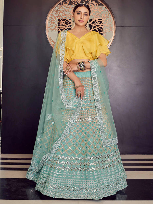 Myra Turquoise Organza Embroidered Designer Lehenga - Distacart