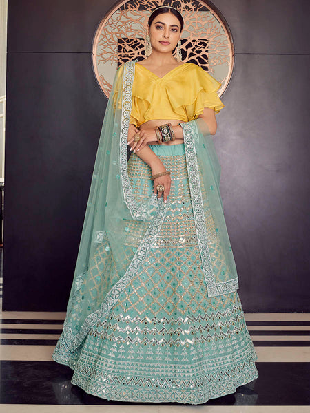 Myra Turquoise Organza Embroidered Designer Lehenga - Distacart