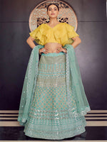 Thumbnail for Myra Turquoise Organza Embroidered Designer Lehenga - Distacart