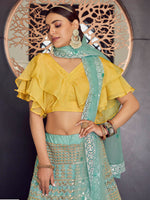 Thumbnail for Myra Turquoise Organza Embroidered Designer Lehenga - Distacart