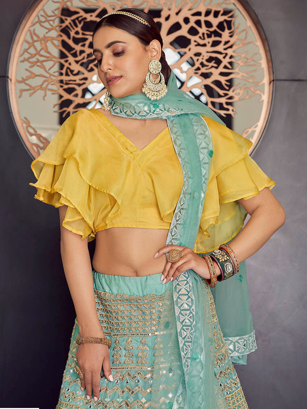 Myra Turquoise Organza Embroidered Designer Lehenga - Distacart