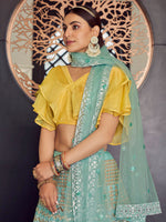 Thumbnail for Myra Turquoise Organza Embroidered Designer Lehenga - Distacart