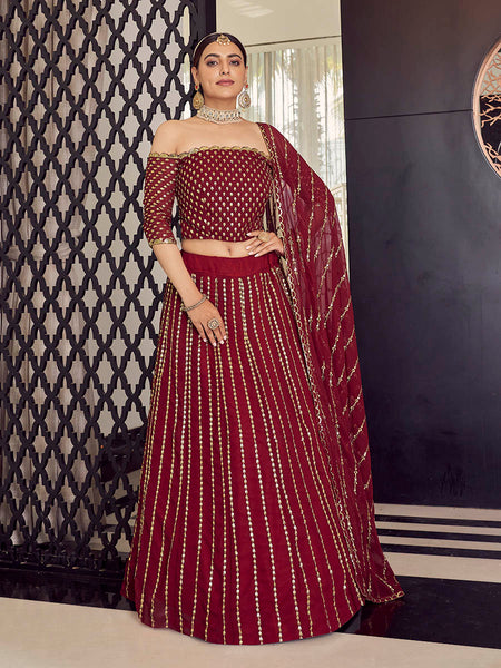 Myra Maroon Georgette Embroidered Designer Lehenga - Distacart