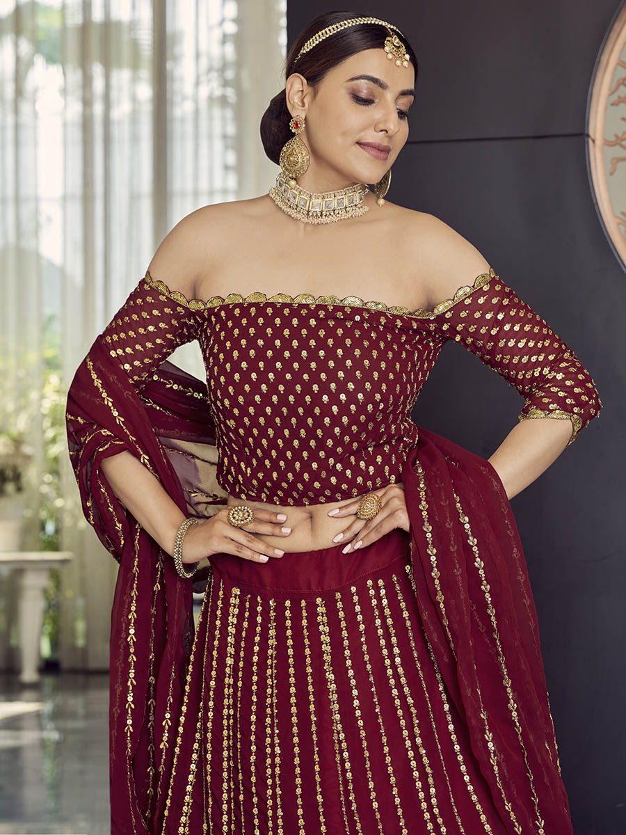 Myra Maroon Georgette Embroidered Designer Lehenga - Distacart