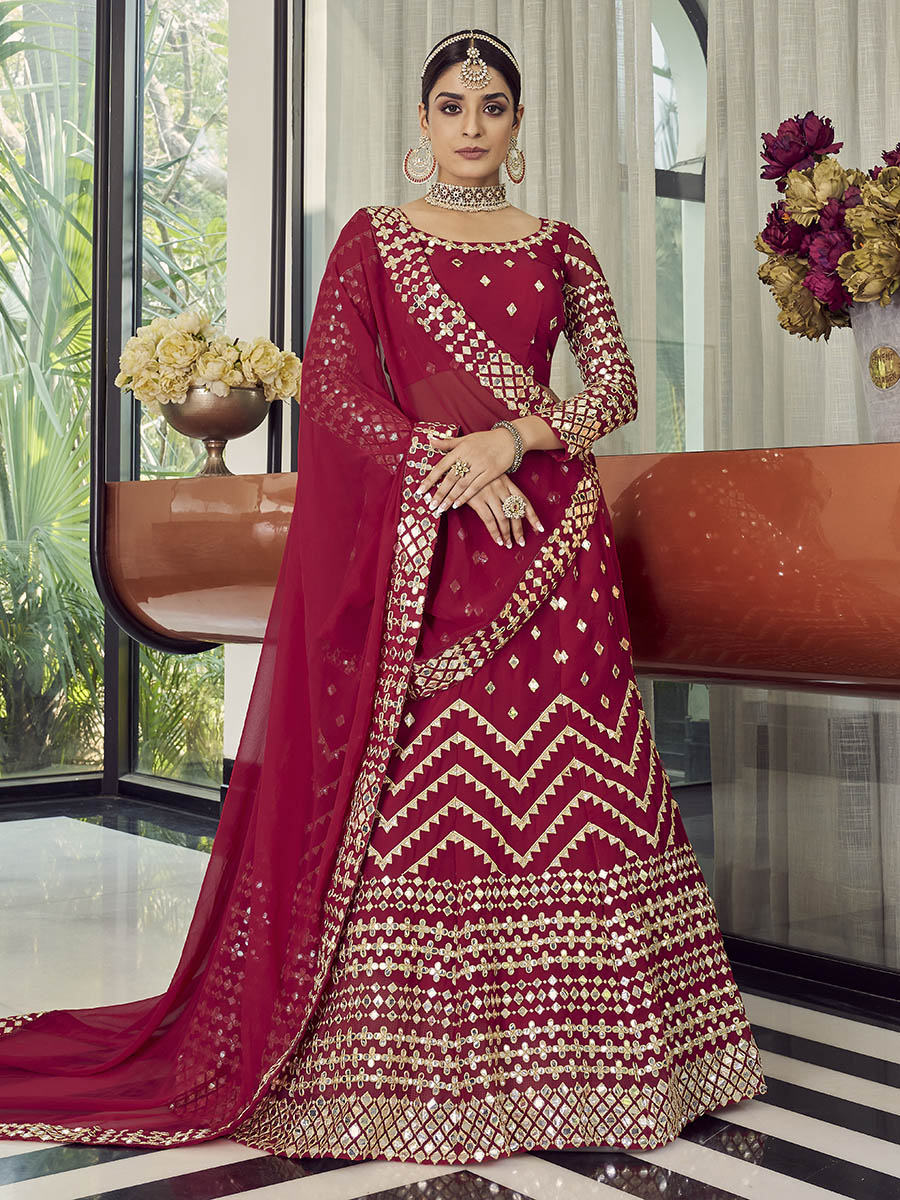 Myra Coral Red Georgette Embroidered Designer Lehenga - Distacart