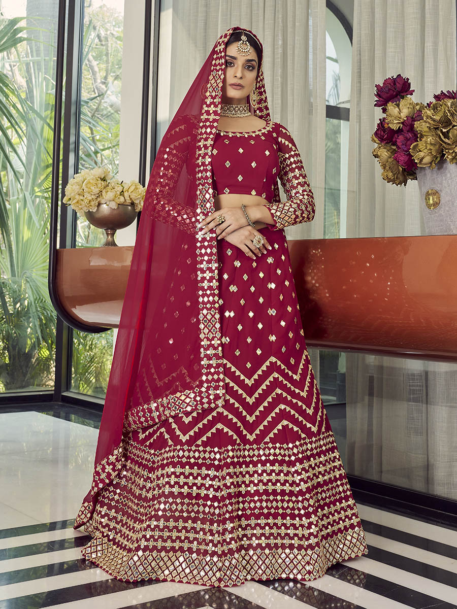 Myra Coral Red Georgette Embroidered Designer Lehenga - Distacart