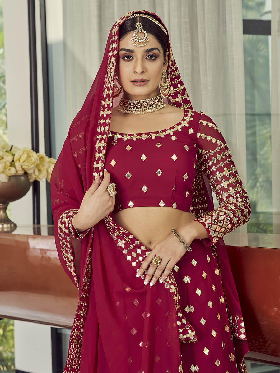Myra Coral Red Georgette Embroidered Designer Lehenga - Distacart