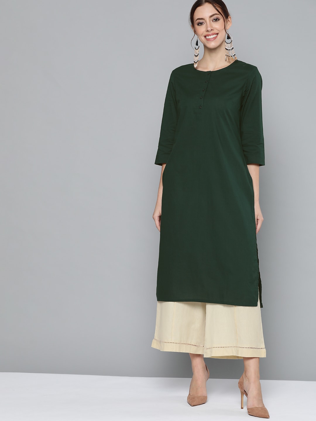 HERE&NOW Women Green Pure Cotton Solid Kurta - Distacart